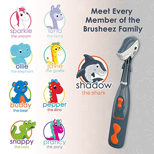Brusheez Kids’ Electric Toothbrush Set - Safe & Effective for Ages 3+ - Parent Tested & Approved with Gentle Bristles, 2 Brush Heads, Rinse Cup, 2-Minute Timer, & Storage Base (Shadow the Shark) - color: Blue, White