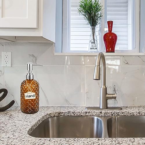 16 oz Diamond Pattern Glass Soap Dispenser, Kitchen and Bathroom Refillable Soap Dispenser with Rust Resistant Stainless Steel Pump for Hand Soap, Lotion Glass Liquid Dispenser(Amber) - color: Amber