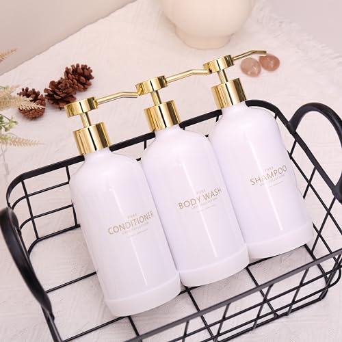 Shampoo and Conditioner Dispenser Set of 3,Refillable 20.5OZ Shampoo Bottles with Non-Slip Protective Silicone Pad,Shower Soap Dispenser with Waterproof Labels for Bathroom (White) - color: White Bottles + Gold Pumps