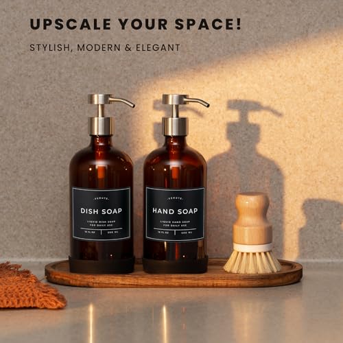 Hand and Dish Soap Dispenser for Kitchen and Bathroom, Set of 2 16 Oz Glass Bottles, Stainless Steel Pumps, Non-Slip Silicone Base, 27 Waterproof Labels (Amber Bottle/Brushed Silver Pump) - color: Amber Bottle / Brushed Silver Pump