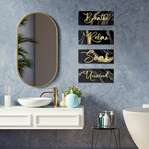 Yulejo 4 Pcs Black and Gold Bathroom Decor Black Gold Wall Decor Relax Soak Unwind Breathe Wall Art Wooden Sign Rustic Marble Bathroom Accessories for Women Living Room Bedroom Home Laundry (10 x 4)