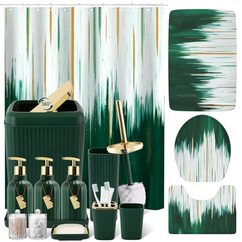 32PCS Bathroom Sets with Shower Curtain and Rugs-Dark Green Bathroom Accessories,Non Slip Bathroom Rugs Set with Toilet Lid Cover, Waterproof Shower Curtain, 3PC Soap Dispenser with Trash Can - size: Bath Set+Oil Paint Shower Curtain+Bath Rugs, style: Dar
