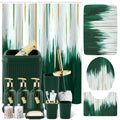 32PCS Bathroom Sets with Shower Curtain and Rugs-Dark Green Bathroom Accessories,Non Slip Bathroom Rugs Set with Toilet Lid Cover, Waterproof Shower Curtain, 3PC Soap Dispenser with Trash Can - size: Bath Set + Oil Painting Shower Curtain + Bath Rugs, sty