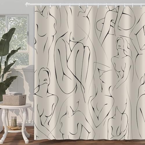 Body Shower Curtain, Abstract Line Texture Boho Bath Curtain Decor for Women, Polyester Fabric Waterproof Bathroom Decoration Accessory Set with 12 Hooks 72X84 inch - color: Beige, size: 72"W x 84"L (Pack of 1)