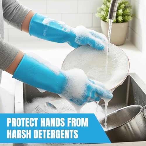 JOR Kitchen Dishwashing Gloves, Durable and Reusable Rubber with Non-Slip Grip, For Household Chores, Multi-purpose Use for Pantry, Bathroom Laundry, Medium, 12-inch Long Cuff, 2 Pairs, Green & Blue