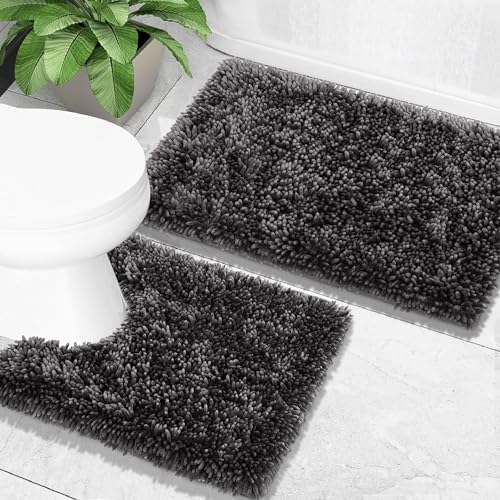 Yimobra Bathroom Rugs Sets 2 Piece, Soft Absorbent Bath Mat and U-Shaped Toilet Rug with Non Slip Backing, Luxury Shaggy Bath Mats for Bathroom, Machine Washable, 31.5"x20"+24"x20", Dark Grey - color: Dark Grey, size: 31.5x20 + 24x20 Inch