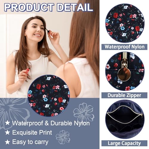 UIXIZQ Waterproof Large Floral Makeup Pouch,Nylon Travel Toiletry Storage Purse Preppy Cosmetic Bag for Women Girl,Large Capacity Makeup Organizer Zipper Pouch for Work(L Black-Flowers) - color: Black-Flowers, size: Large