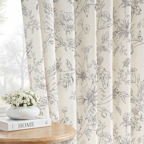 Black Floral Pleated Linen Curtains 84 Inches Long 2 Panels Farmhouse French Country Black Sketch Peony Lily Flower Pattern Printed Drapes for Living Room Bedroom Semi Sheer Botanical Curtain - color: Black, size: 40"W x 84"L (Pack of 2)