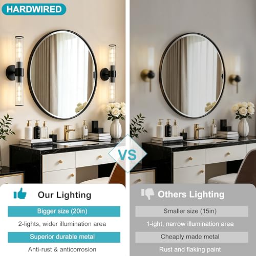 Bathroom Light Fixtures 2 Pack Hardwired, Black Wall Sconce Threaded Glass Vanity Light Featuring Two E26 sockets, Bathroom Wall Light Dimmable - Bulb Not Included, UL Certification - color: Black Threaded Glass-2Pack