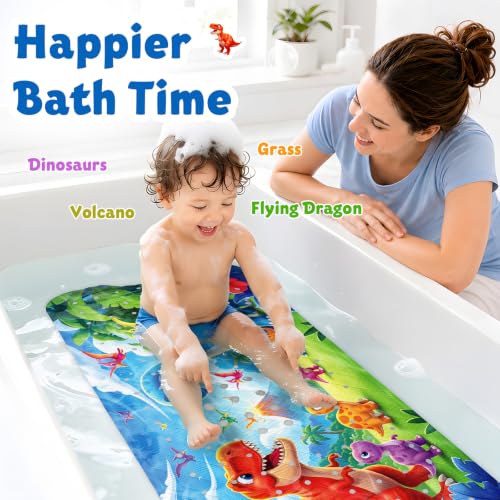 XIYUNTE Baby Bath Mat for Tub Non Slip Kids Bath Mat - 40''x16'' Extra Long Cartoon Bathtub Mat Non Slip Kids Shower Mat Eco-Friendly Toddler Bath Mats with Suction Cups, Machine Washable, Dinosaur - color: M-dinosaur