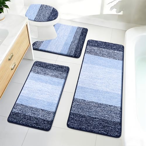Bsmathom Bathroom Rugs Sets 4 Piece, Soft Absorbent Microfiber Bath Rugs with U-Shaped Contour Toilet Rug and Toilet Lid Cover, Thick Non-Slip Plush Shaggy Bath Mat Set,Navy Blue - color: Navy Blue, size: 18"x26"+18"x48"+U20"x24"+Cover19"x21"