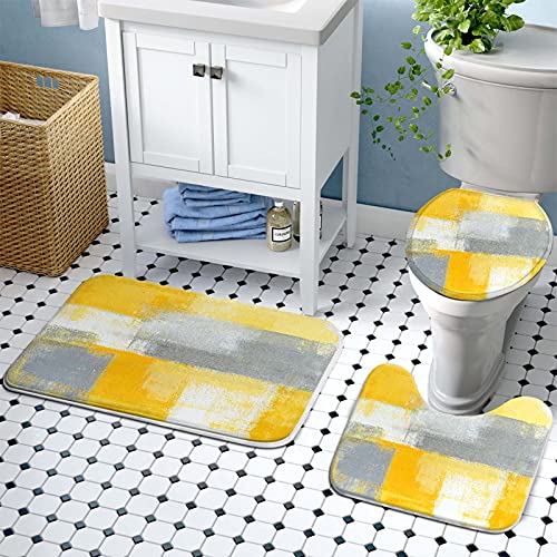 Lnond 4Pcs Yllow Bathroom Shower Curtain Sets with Rugs, Yellow Grey Abstract Painting Bathroom Sets with Shower Curtain and Rugs and Accessories - color: Yellow-01