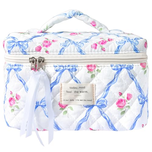 Sminra Makeup Bag Large Travel Quilted Cosmetic Makeup Bag Organizer, Floral Cotton Coquette Aesthetic Toiletry Bag for Women Girls (Blue Bow Flowers-L) - color: Blue Bow Flowers-L
