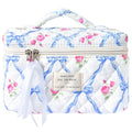 Sminra Makeup Bag Large Travel Quilted Cosmetic Makeup Bag Organizer, Floral Cotton Coquette Aesthetic Toiletry Bag for Women Girls (Blue Bow Flowers-L) - color: Blue Bow Flowers-L