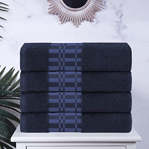 Superior 4-Piece Cotton Bath Towel Set, Geometric Design, Dobby Border, Body Towel for Bathroom, Guest Bath, Spa, Resort, Hotel, Airbnb, Home Essentials, Adult, Kids, Larissa Collection, Navy-Blue - color: Navy Blue, size: Bath Towel Set (4-pack)