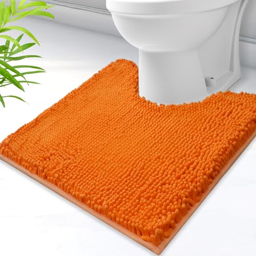 U-Shaped Toilet Rug, Chenille Contour Bathroom Mat, Non-Slip PVC Backing, Machine Washable, 20x20, Orange - color: Orange, size: 1'8" x 1'8" (20"x 20"U)