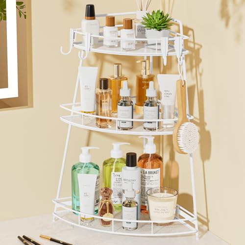 VITVITI 3 Tier Corner Bathroom Counter Organizer, Metal Bathroom Countertop Organizer Shelf Storage, Bath Room Sink Makeup Organizers for Vanity Skincare with Hooks, White - color: 3 Tier White
