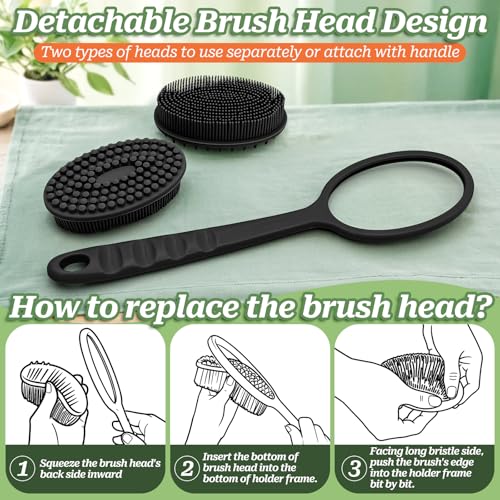 Silicone Back Washer for Shower, Gentle Exfoliating Body & Back Scrubber with Handle, Silicone Loofah with Two Dual-Side & Replaceable Brush Heads(Green-Two Heads) - color: Green-two Heads
