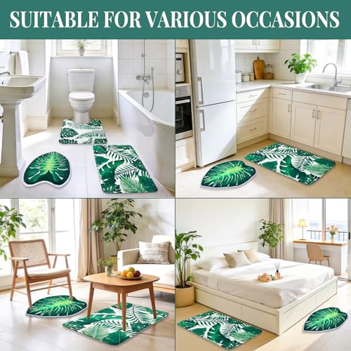 Green Bathroom Rug Set 3 Piece Palm Leaf Bathroom Rugs Set with U-Shaped Mat Green Leaves Bath Mat with Unique Leaf Shaped for Bedroom Floor Living Room Machine Washable