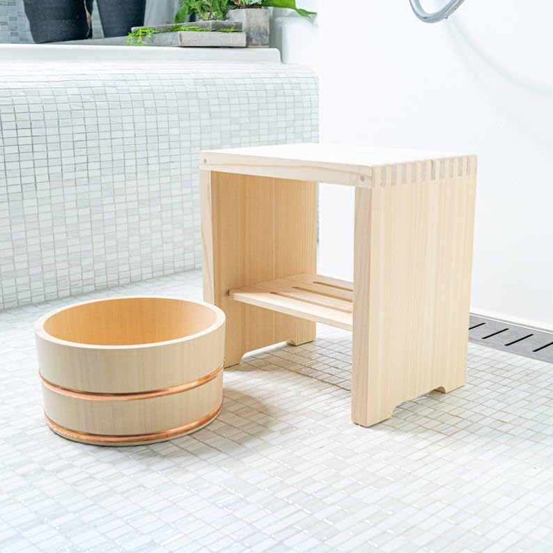 direfly Set of Natural Wooden Bath Stool | Hinoki Handy Bucket | Hinoki soap Dish