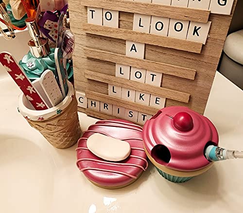 Bathroom Accessories Sets Organizer Complete with Milkshake Lotion/Soap Dispenser,Egg Tube Bath Cup/Tumbler,Donut Soap Dish,Cake Toothbrush Holder for Kids Bath Decor (Pink) - style: Ice Cream Design