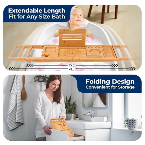 SereneLife Premium Bathtub Tray Caddy, Expandable Bath Tray, Unique House Warming Gifts, Gift for Mom, Women, New Home, Wedding, Anniversary, Bridal Shower, Universal Fit for All Tub - color: Natural, Folding, Gift Set