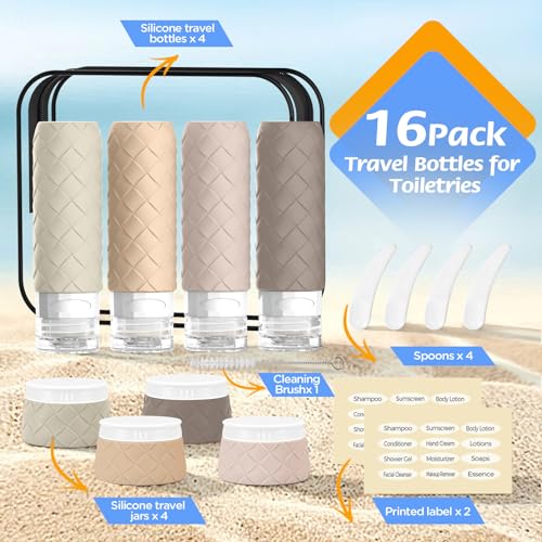 16 Pack Travel Bottles for Toiletries, TSA Approved Travel Size Toiletries Containers Set, BPA-Free Silicone Leak Proof Refillable Bottles Stackable Creams Jars Accessories Kit W/Clear Bag(Cream) - color: Cream