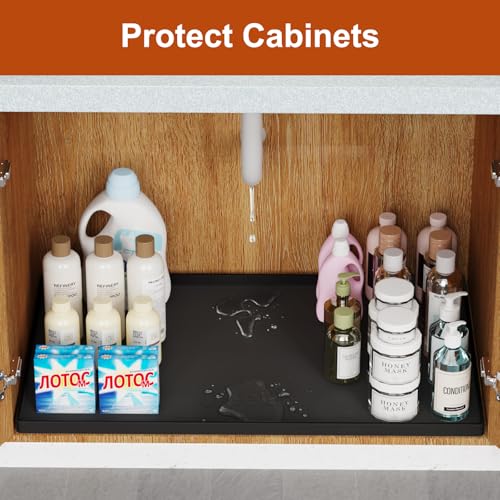 ukeetap Extra Thick Silicone Mat Waterproof with Raised Edge 22" x 19", Under Sink Mat for Kitchen & Bathroom, Kitchen Cabinet Liner, Multi-Purpose for Storage & Protection, Black - color: Black, size: 22"L x 19"W