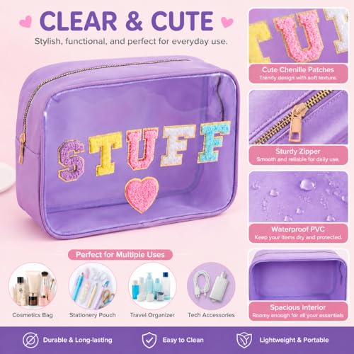 Clear Waterproof Stuff Makeup Bag, Large Capacity Travel Cosmetic Pouch | Transparent PVC Nylon Bag with Chenille Letters for Girls, Women, Beach & Travel - style: Large Size Stuff