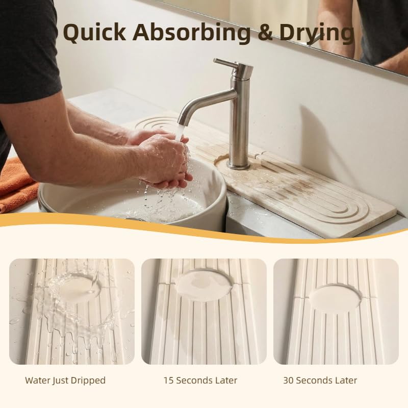 Stone Faucet Mat for Kitchen Sink, Diatomite Absorbent Stone Drying Mat for Bathroom Counter Quick Drying, Sink Splash Guard For Avoid wet Buildup Sink (White, 23.6" x 3.9")