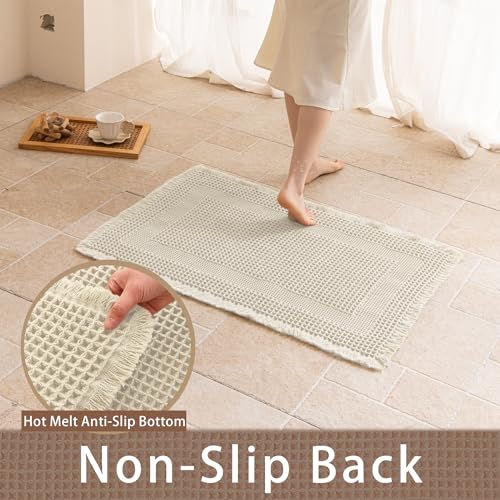 Waffle Bath Mat Non Slip, Boho Bathroom Rug, Super Absorbent Quick Dry Bathroom Mat, Soft Farmhouse Bath Rug with Tassels, Small Washable Shower Mats for Floor 20"x32", Square Cream - color: Square Cream, size: 1'8" x 2'8" (Rectangular)