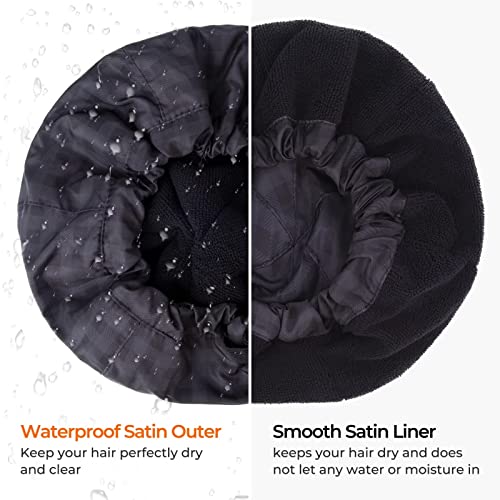 Shower Cap for Men Black Bath Cap, Reversible Large Waterproof Adjustable Shower Caps Terry Lining & Elastic Band Stretch Hem Hair Hat - color: BLACK PLAID