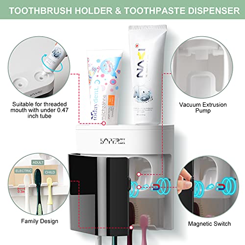 Boperzi 2 Pack Electric Toothbrush Stander and Toothbrush Holder Wall Mounted Automatic Toothpaste Dispenser Dustproof Cover Toothbrush Holder for Shower Bathroom Set Kids Family(Black+2 Pack) - color: White/Black