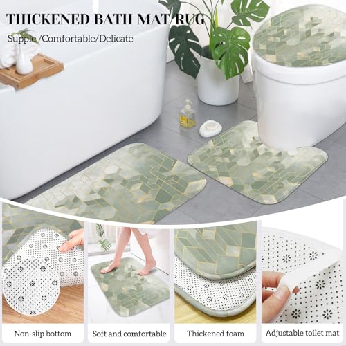 Lnond Sriral Green Bathroom Set, Green Abstract Cubes Bathroom Accessories Sets Complete, Luxury Restroom Set with Shower Curtain and Rugs, Trash Can, Toilet Brush Holder Set & Soap Dispenser - style: Sriral Green