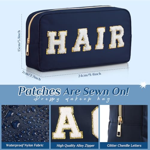 Preppy Makeup Bags Chenille Letter Stuff Bag Nylon Cosmetic Pouch Cases with Zipper for Women Travel Toiletry(Dark Blue,Classic,4 Pcs) - color: Dark Blue, size: Classic