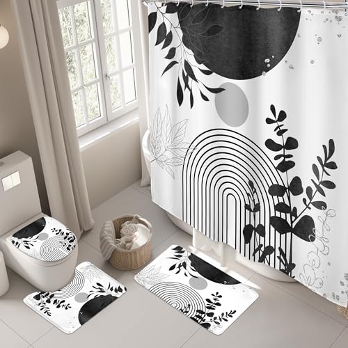 Riyidecor Mid Century 4Pcs Bathroom Shower Curtain Sets Abstract Aesthetic Geometric Minimalist Bathroom Decor Set with Rugs and Accessories Modern Toilet Lid Rug, Contour and Bath Mat with 12 Hooks - color: 07black White