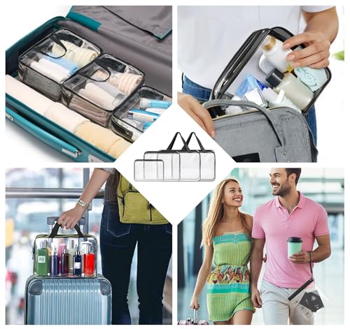 ABSOFINE Clear Toiletry Bag for Travel Size Toiletries, 4 Pack Large Waterproof PVC Makeup Bags with 2 Pack Airport Security Liquids Bags, Travel Essentials toiletry Bottles for Women Girls Men