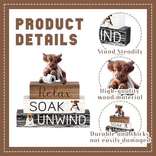Cinnvoice 4 Pcs Highland Cow Bathroom Decor Farmhouse Bathroom Decoration Western Relax Soak Unwind Table Centerpiece Gift for Christmas Valentines Back to School - style: Relax Soak Unwind