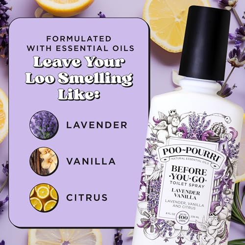 Poo-Pourri Before-You-Go 8oz Air & Toilet Freshener Lavender Vanilla Spray – Instantly Works to Trap Bathroom Odor – Plant Based Ingredients & Essential Oils – with Lavender, Vanilla & Citrus - size: 8 Fl Oz (Pack of 1)