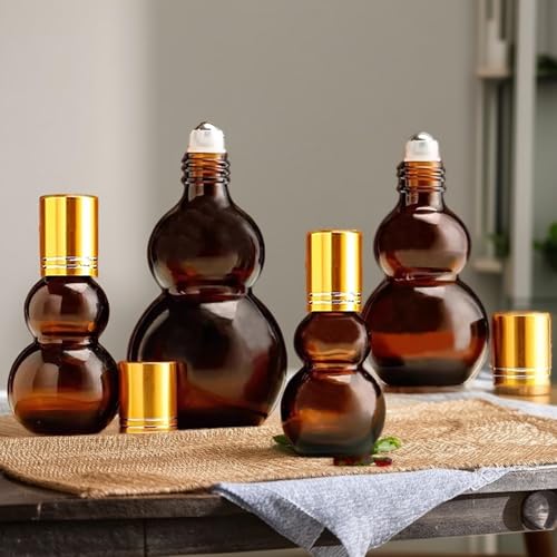 Essential Oil Roller Bottles, 30ML Amber Gourd Shaped Glass Roller Bottles with Stainless Steel Roller Ball, for Travel,Perfume (Amber-Gold Cap, 30ML) - color: Amber-Gold Cap, size: 30ML