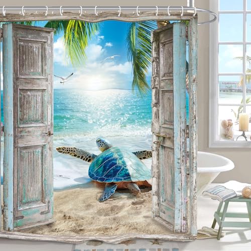 Turtle Ocean Sea Shower Curtain 60Wx72L Inch Beach Coastal Landscape Scene Barn Door Summer Bathroom Set Accessories Decor with 12 Pack Hooks - color: Teal Turtle, size: 60"W x 72"L (Pack of 1)