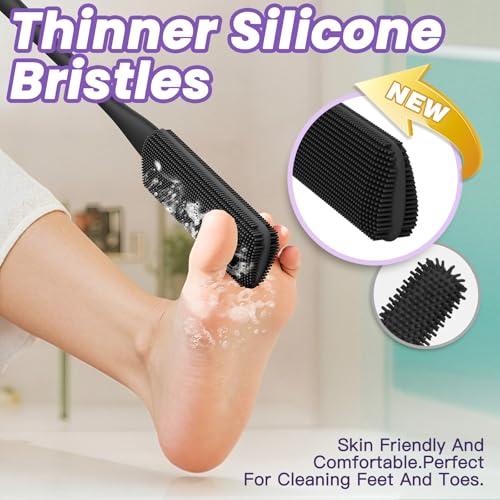 Pack of 3 Silicone Toe Cleaning Brush,Soft Brush Foot Scrubber Long Handle Bathroom Shower Bath Brush Wet and Dry Use for Seniors,Elderly, Men and Women (Black) - color: Black