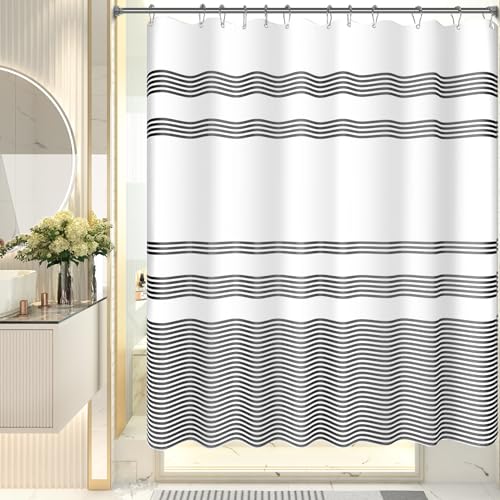 AmazerBath Shower Curtain, Striped Black Fabric Shower Curtain Set with 12 Shower Curtain Hooks, Rustic Cloth Black and White Curtain, Farmhouse Bathroom Shower Curtain Sets, 72x84 Inches - color: A- Black Stripe +12 Metal Hooks, size: 72"W x 84"L (Pack o