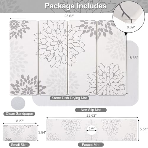 Stone Drying Mat for Kitchen Counter 3-Pack, Soft Diatomaceous Earth Absorbent Mat Set, Quick Dry Stone Faucet Splash Guard & Small Drying Pad, Foldable Diatomite Stone for Pet, Plant & Bath - color: White Floral