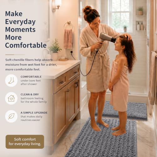 Yimobra Bathroom Rug Set 3 Piece - Super Absorbent Quick Dry Chenille Bath Mats & Toilet Rug, Non Slip Machine Washable, Extra Thick Shaggy Floor Mat for Shower Tub Sink, Grey - color: Grey, size: 24"x20" + 30"x20"+ 44"x24"