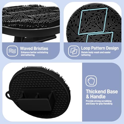 Silicone Back & Body & Face Scrubbers Set 4PCS, 15.35’’ Soft Back Scrubber for Dual-Side Usage, Easy-to-Hold Bath Glove Body Scrubber Face Scrubber for Good Foaming & Deep Cleaning(Black) - color: 02black*4