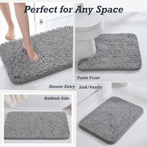 HUXMEYSON Bathroom Rugs Set 2 Piece, Ultra Absorbent Chenille Non Slip Bathroom Mat Set - 20'' x 24'' U-Shaped Contour Toilet Rug & 17'' x 24'' Extra Soft Plush Bath Mat - Machine Washable, Grey - color: Grey, size: 24" x 17" + U Shape 24" x 20"