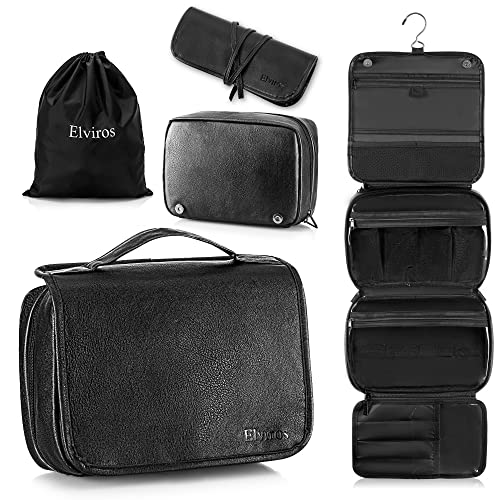 Elviros Hanging Toiletry Bag Removable Travel Bag PU leather Makeup Cosmetic Organizer Kit, Black | Removable Travel Organizer Bag for Cosmetics, Toiletries, Makeup Tools, and Daily Essentials with Easy Carry Design - color: Black, size: 1 Pack