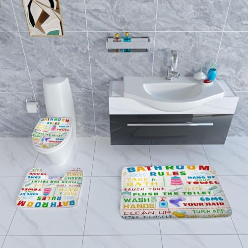 4PCS Kids Shower Curtain Set, with Non-Slip Rugs, Toilet Lid Cover and Bath Mat Funny Bathroom Rules Cute Colorful Pattern Teen Boy Girl for Bathroom Bathtub Decor Accessories, 72x72 Inch - color: Bathroom Rules