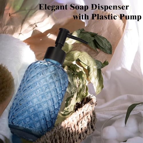 1 Pack 14oz Glass Soap Dispenser with Plastic Pump, Diamond Design Refillable Hand Soap Dispenser for Hand Wash, Bathroom and Kitchen - color: Blue